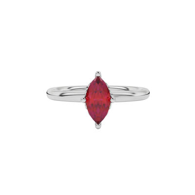 Close-up marquise cut raspberry red gemstone ring, white gold lotus basket.