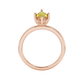 Marquise cut canary yellow gemstone ring, rose gold lotus basket setting.