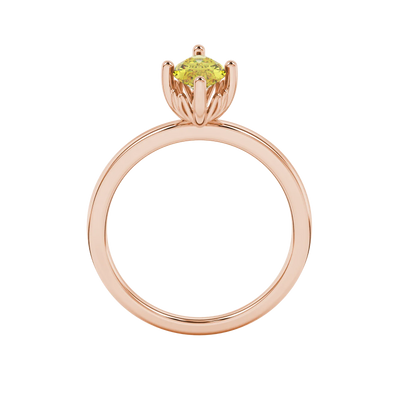 Marquise cut canary yellow gemstone ring, rose gold lotus basket setting.