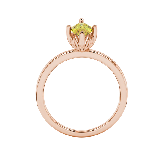 Marquise cut canary yellow gemstone ring, rose gold lotus basket setting.