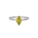 Close-up marquise cut canary yellow gemstone ring, white gold scalloped six prong