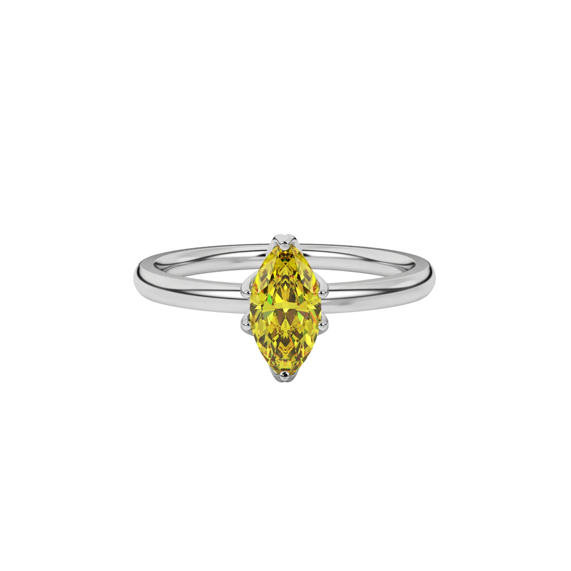 Close-up marquise cut canary yellow gemstone ring, white gold scalloped six prong