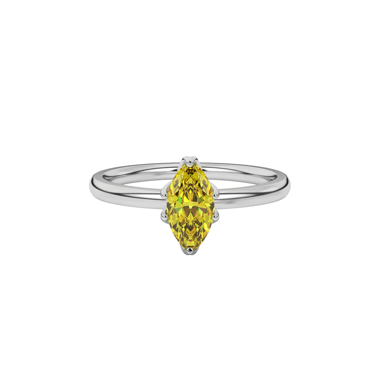 Close-up marquise cut canary yellow gemstone ring, white gold scalloped six prong