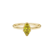 Close-up, marquise cut canary yellow gemstone, yellow gold scalloped six prong ring.