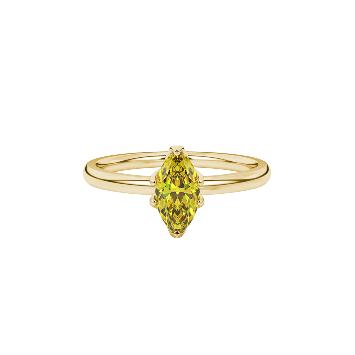 Close-up, marquise cut canary yellow gemstone, yellow gold scalloped six prong ring.
