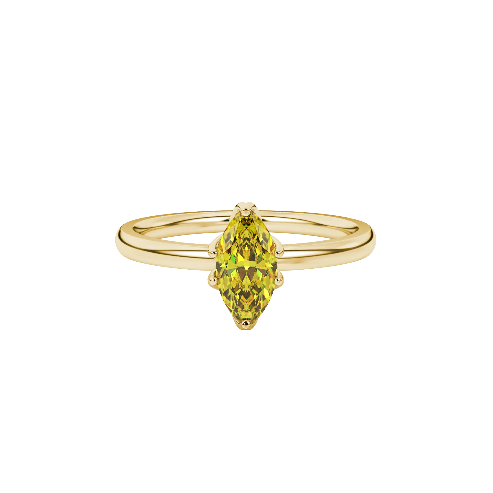 Close-up, marquise cut canary yellow gemstone, yellow gold scalloped six prong ring.