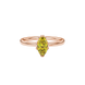 Close-up, marquise cut canary yellow gemstone ring, rose gold scalloped six prong.