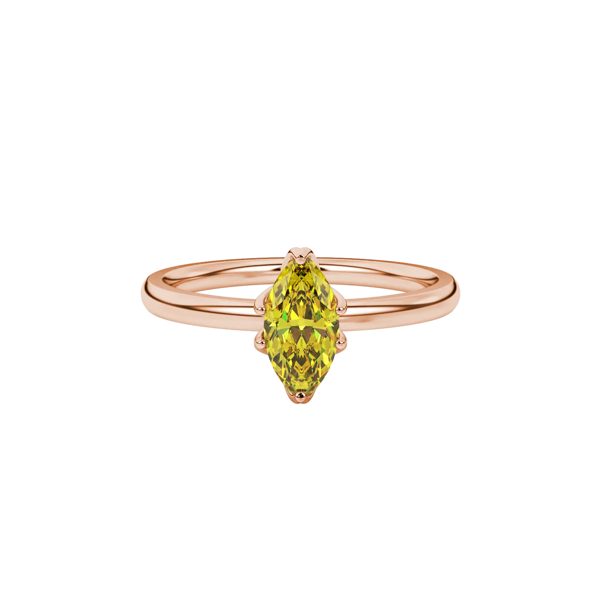 Close-up, marquise cut canary yellow gemstone ring, rose gold scalloped six prong.