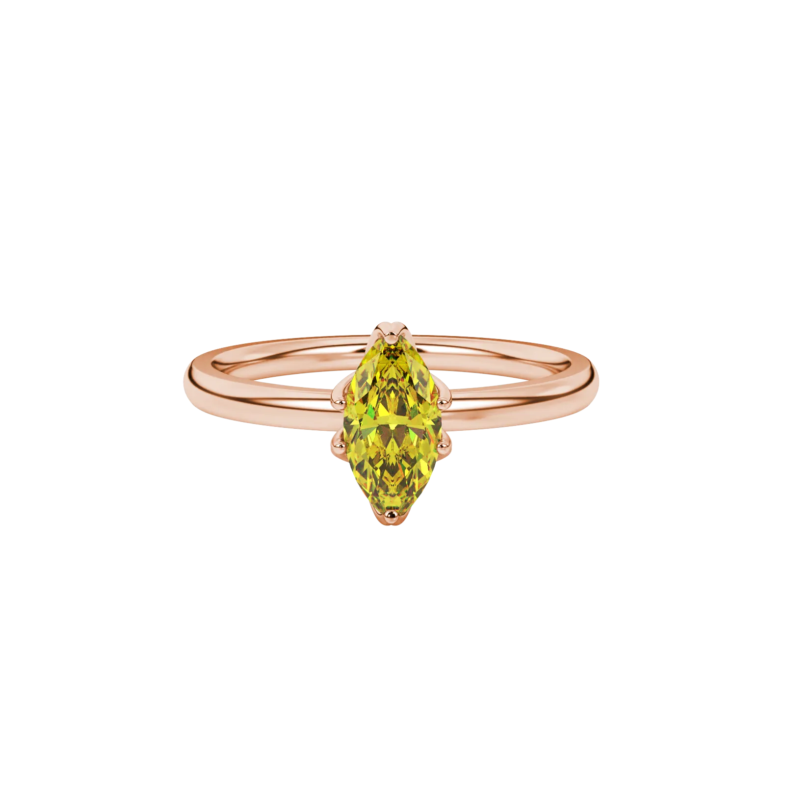 Close-up, marquise cut canary yellow gemstone ring, rose gold scalloped six prong.