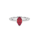 Close-up marquise cut raspberry red gemstone ring, white gold scalloped six prong.
