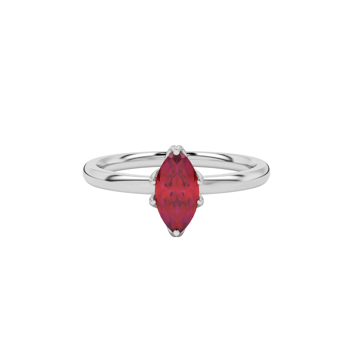 Close-up marquise cut raspberry red gemstone ring, white gold scalloped six prong.
