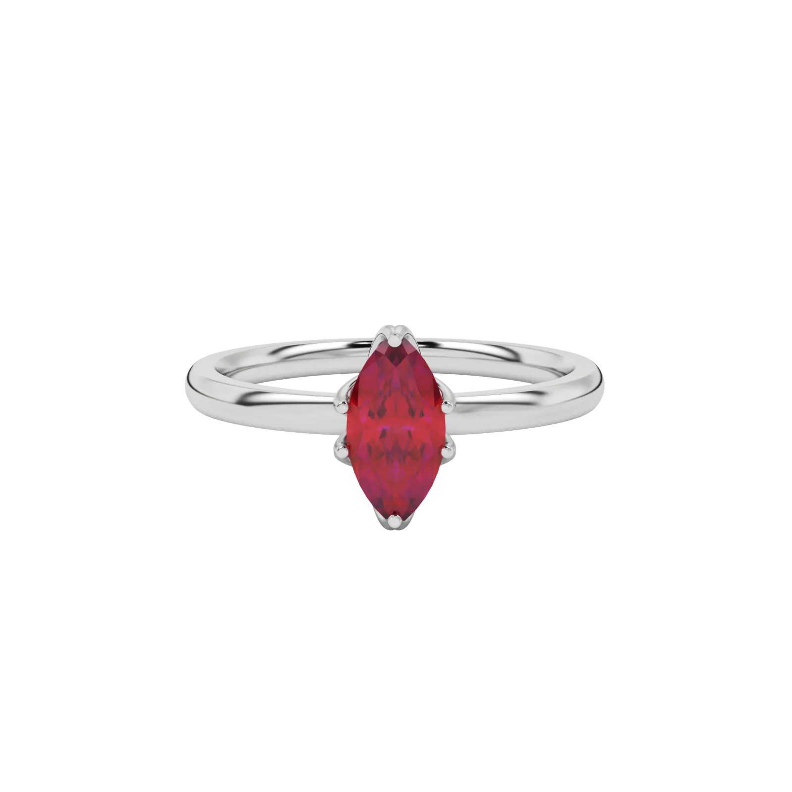 Close-up marquise cut raspberry red gemstone ring, white gold scalloped six prong.