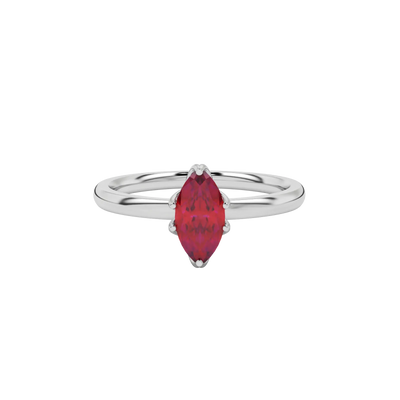 Close-up marquise cut raspberry red gemstone ring, white gold scalloped six prong.