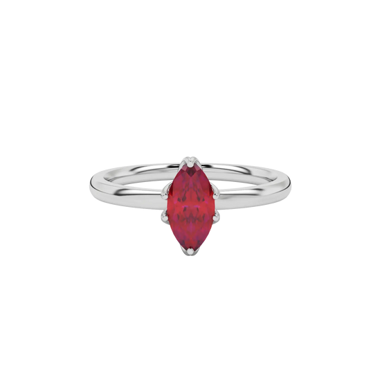 Close-up marquise cut raspberry red gemstone ring, white gold scalloped six prong.