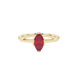 Close-up, marquise cut raspberry red gemstone, yellow gold scalloped six prong ring.