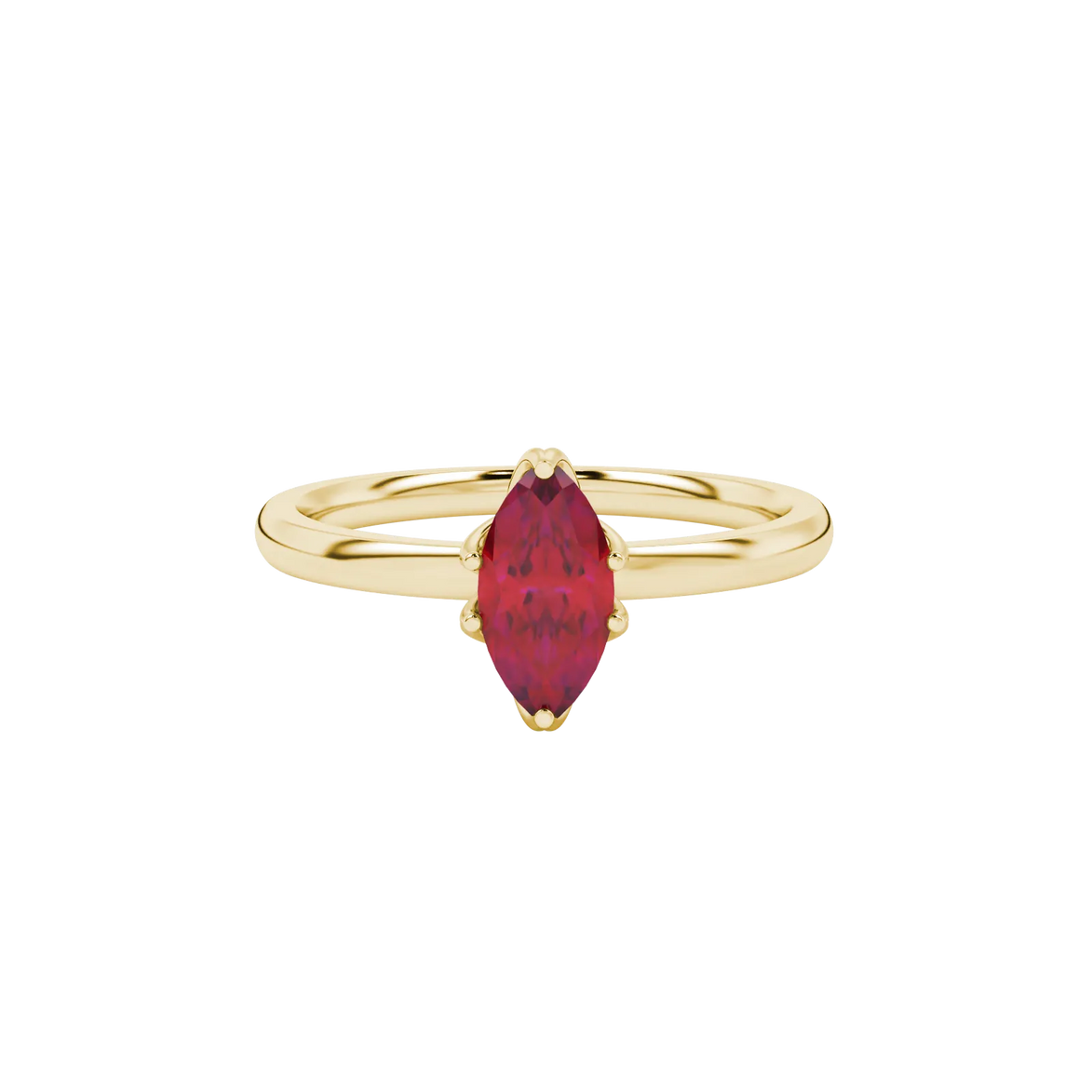 Close-up, marquise cut raspberry red gemstone, yellow gold scalloped six prong ring.