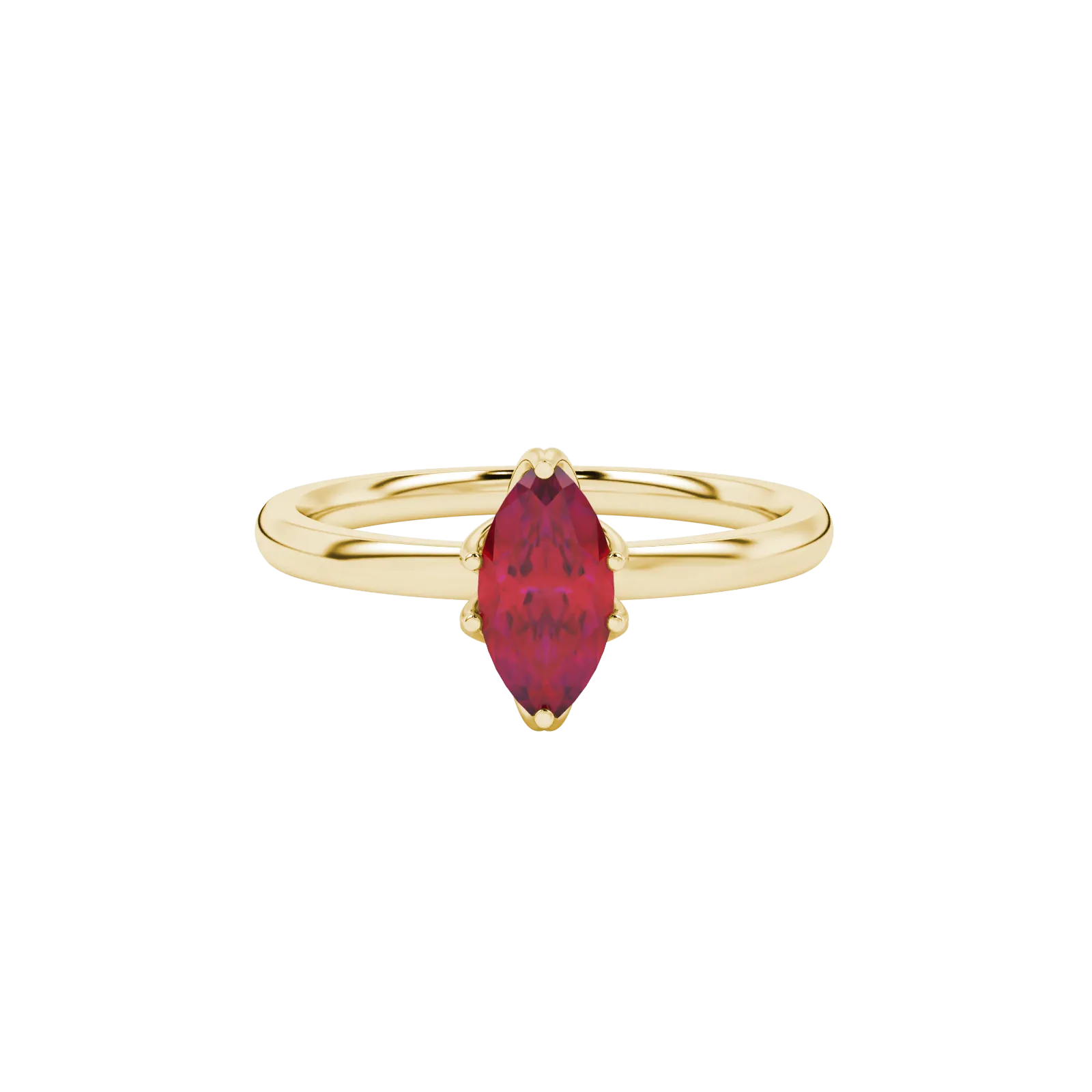 Close-up, marquise cut raspberry red gemstone, yellow gold scalloped six prong ring.