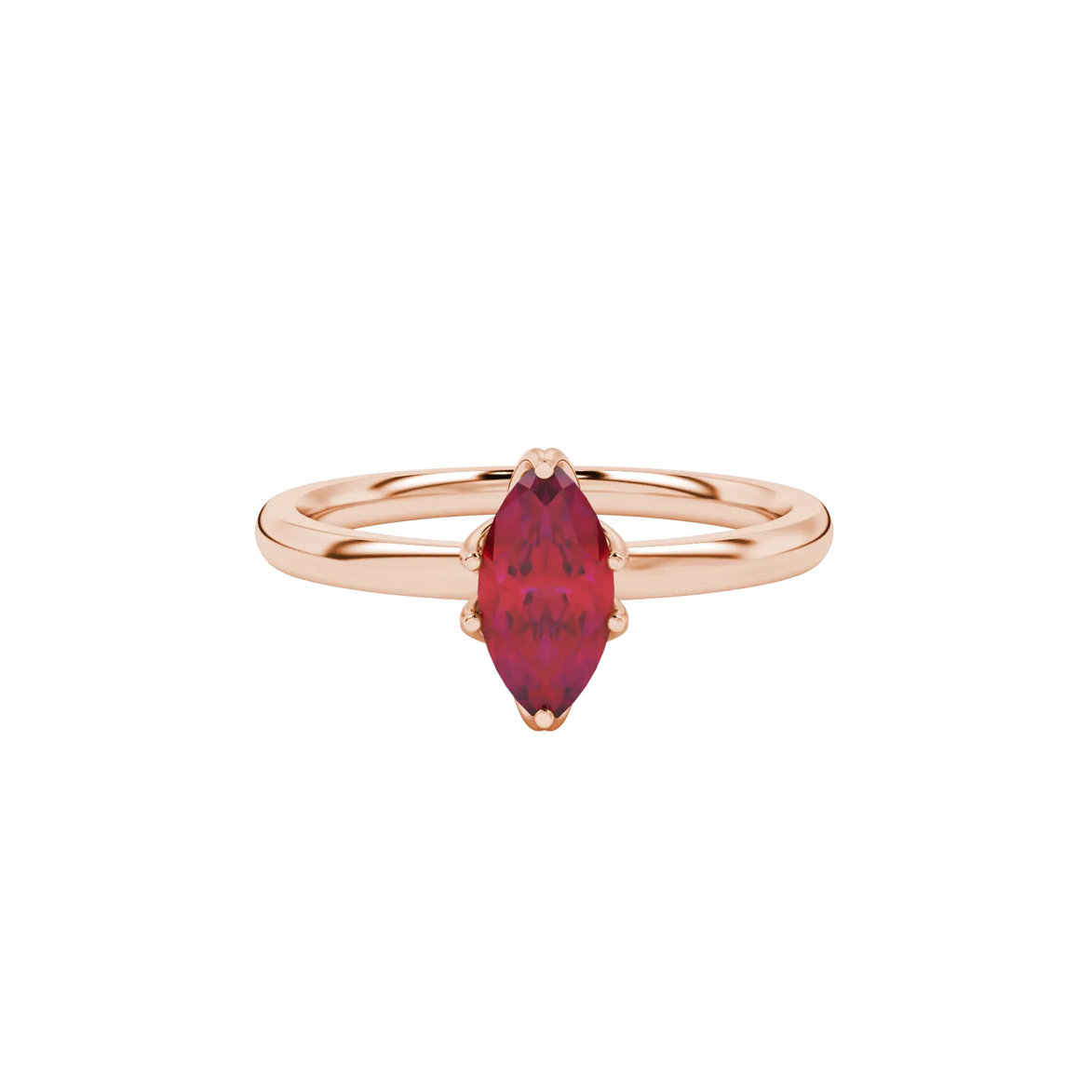 Close-up, marquise cut raspberry red gemstone ring, rose gold scalloped six prong.
