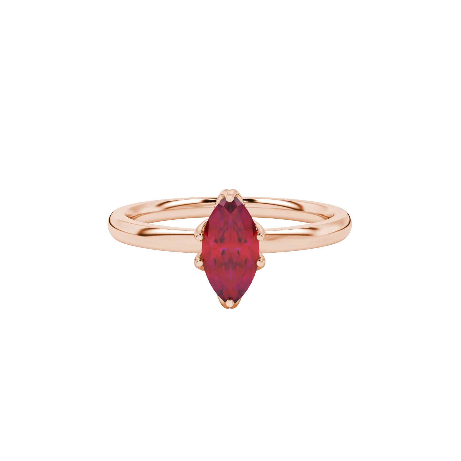 Close-up, marquise cut raspberry red gemstone ring, rose gold scalloped six prong.