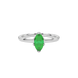 Close-up marquise cut emerald green gemstone ring, white gold scalloped six prong.