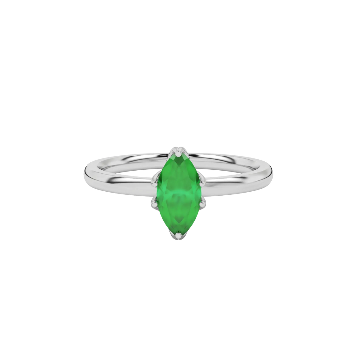 Close-up marquise cut emerald green gemstone ring, white gold scalloped six prong.