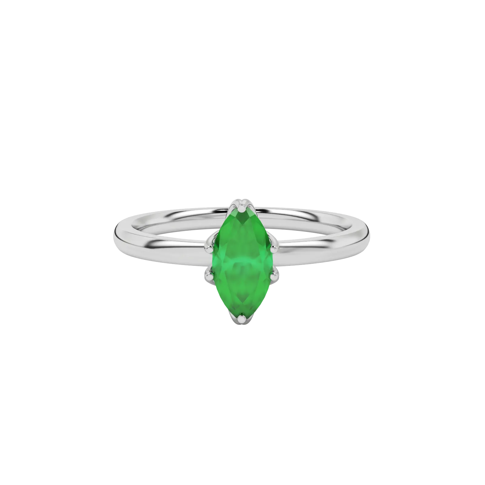 Close-up marquise cut emerald green gemstone ring, white gold scalloped six prong.
