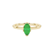 Close-up, marquise cut emerald green gemstone, yellow gold scalloped six prong ring.