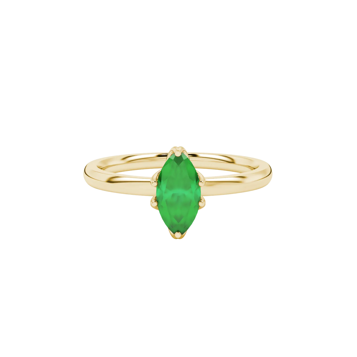 Close-up, marquise cut emerald green gemstone, yellow gold scalloped six prong ring.