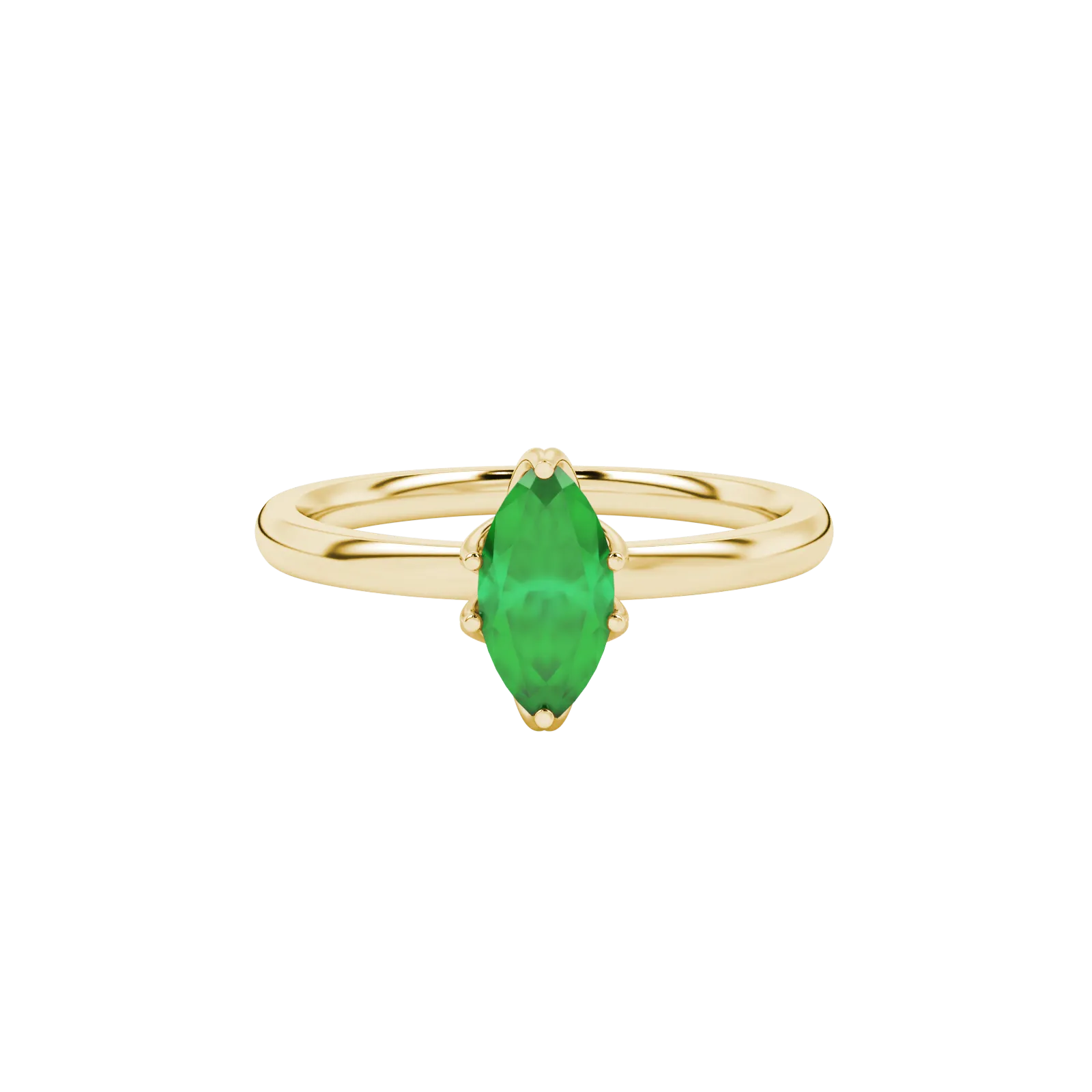 Close-up, marquise cut emerald green gemstone, yellow gold scalloped six prong ring.