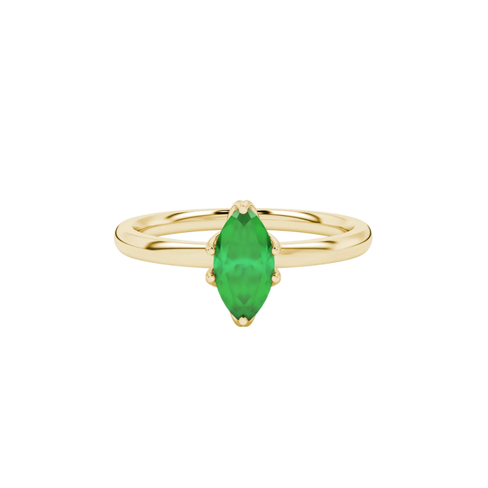 Close-up, marquise cut emerald green gemstone, yellow gold scalloped six prong ring.