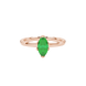 Close-up, marquise cut emerald green gemstone ring, rose gold scalloped six prong.