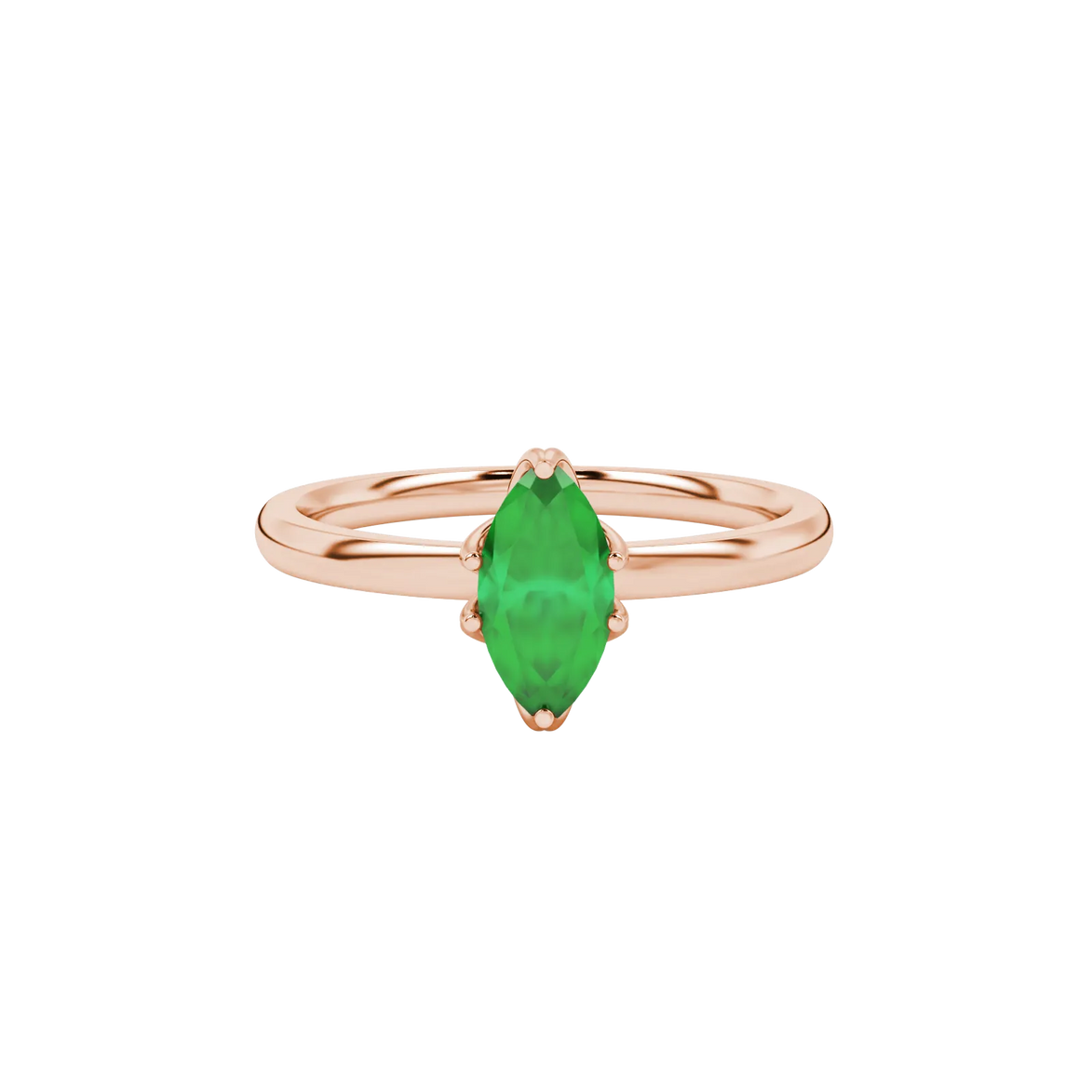 Close-up, marquise cut emerald green gemstone ring, rose gold scalloped six prong.
