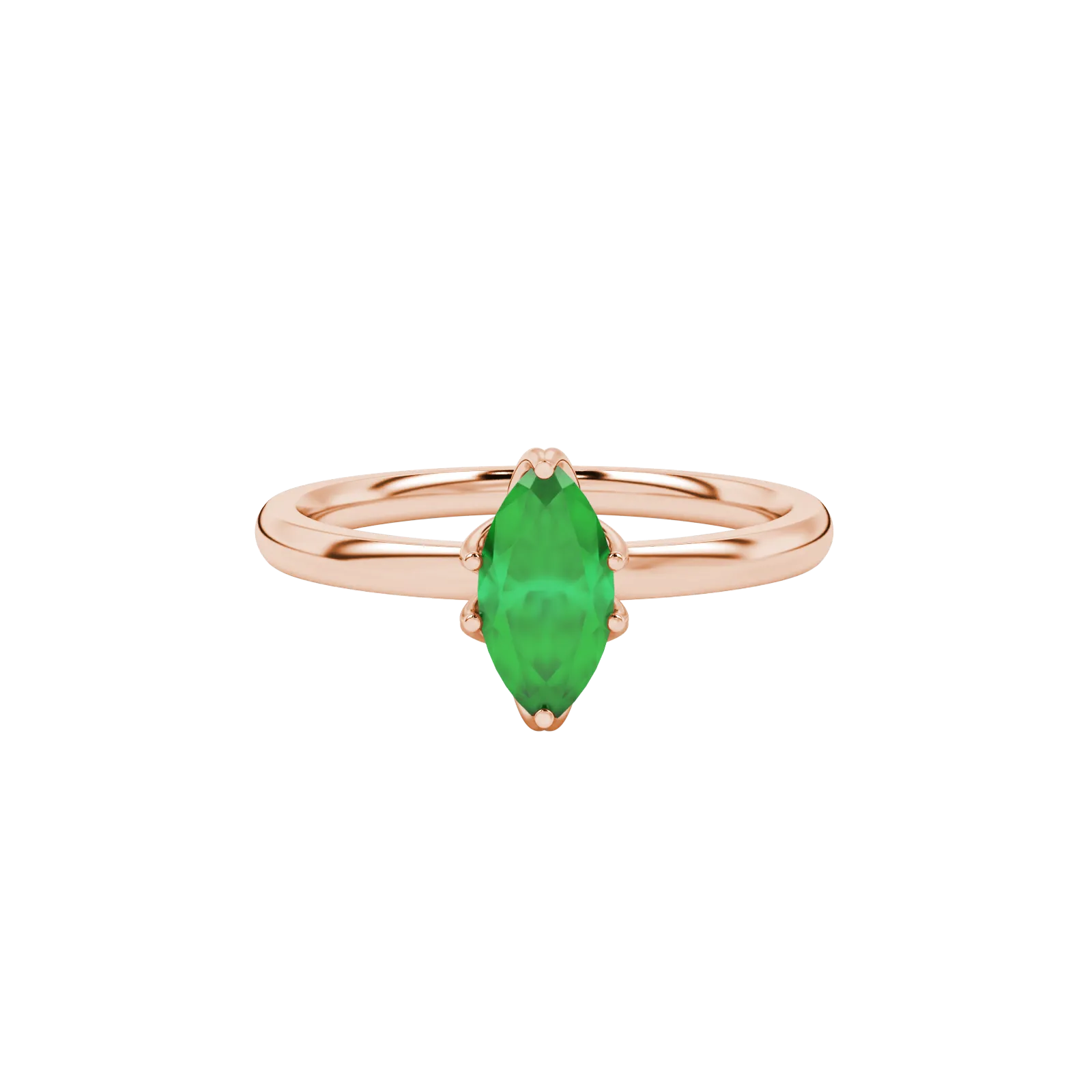 Close-up, marquise cut emerald green gemstone ring, rose gold scalloped six prong.