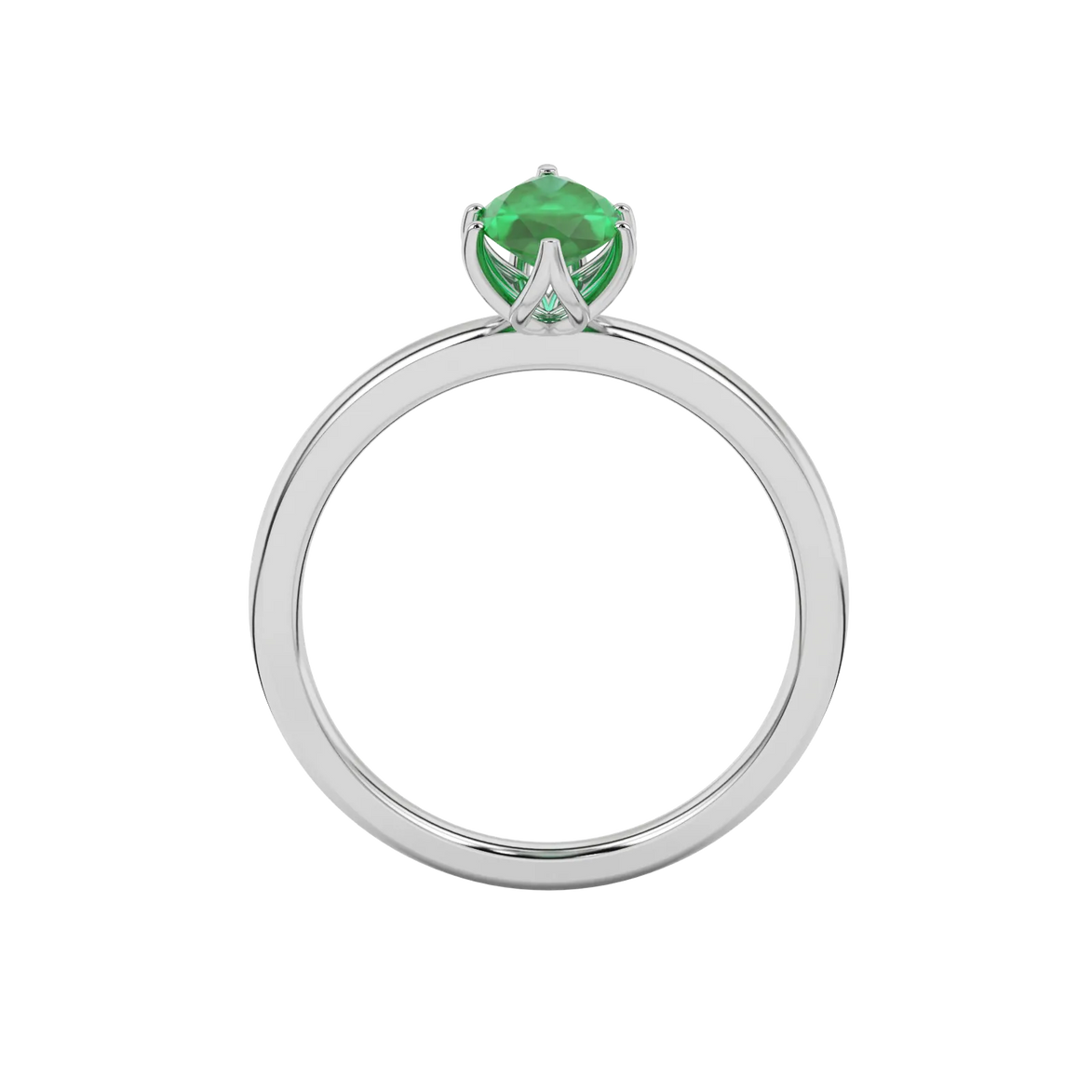 Marquise cut emerald green gemstone ring, white gold scalloped six prong setting.