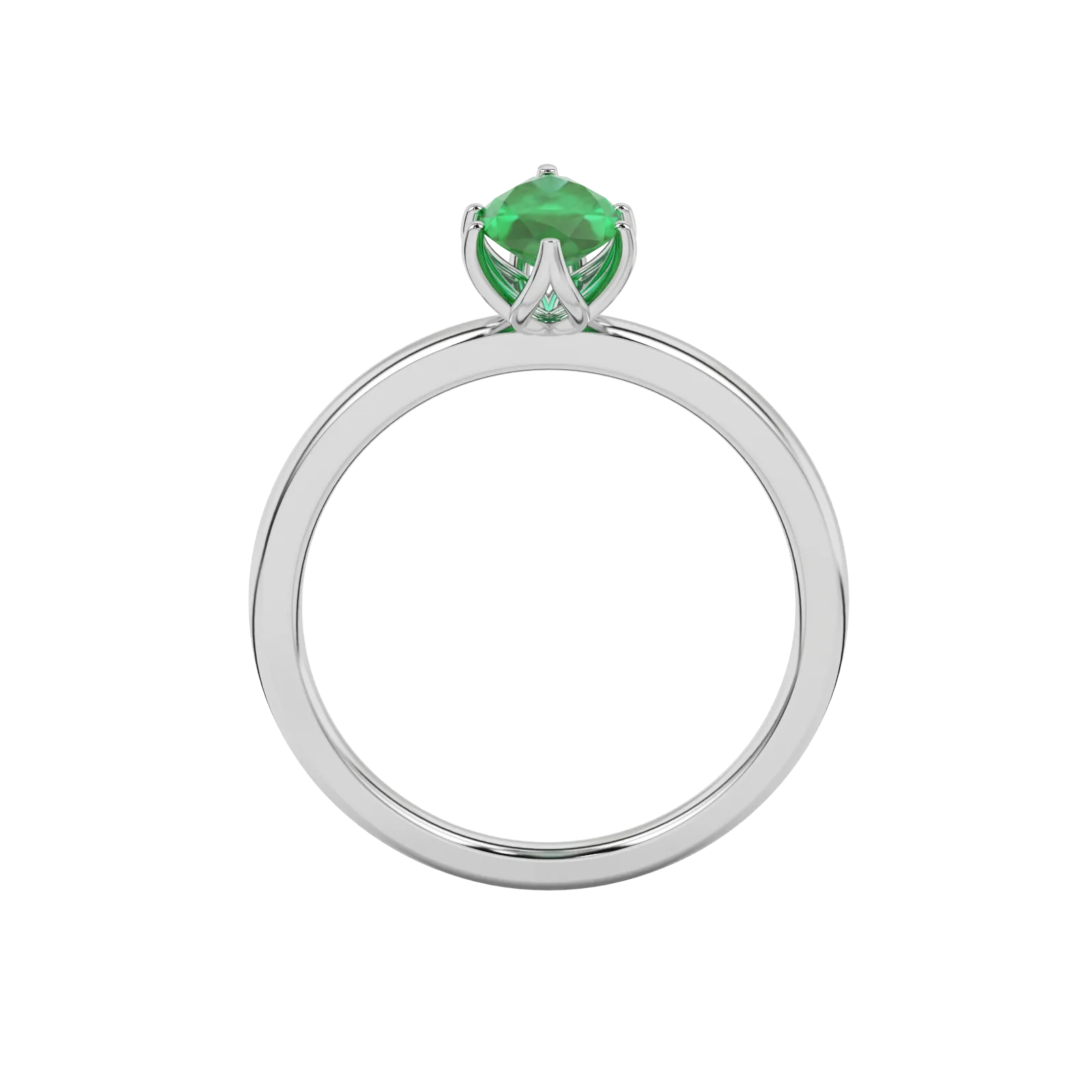 Marquise cut emerald green gemstone ring, white gold scalloped six prong setting.