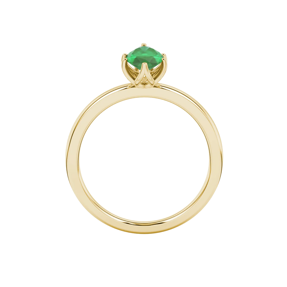 Marquise cut emerald green gemstone ring, yellow gold scalloped six prong setting.