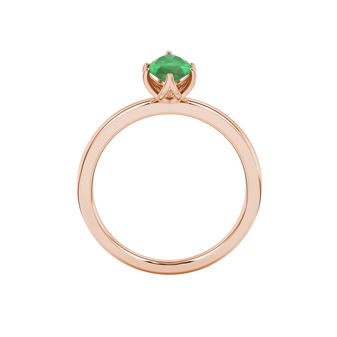 Marquise cut emerald green gemstone ring, rose gold scalloped six prong setting.
