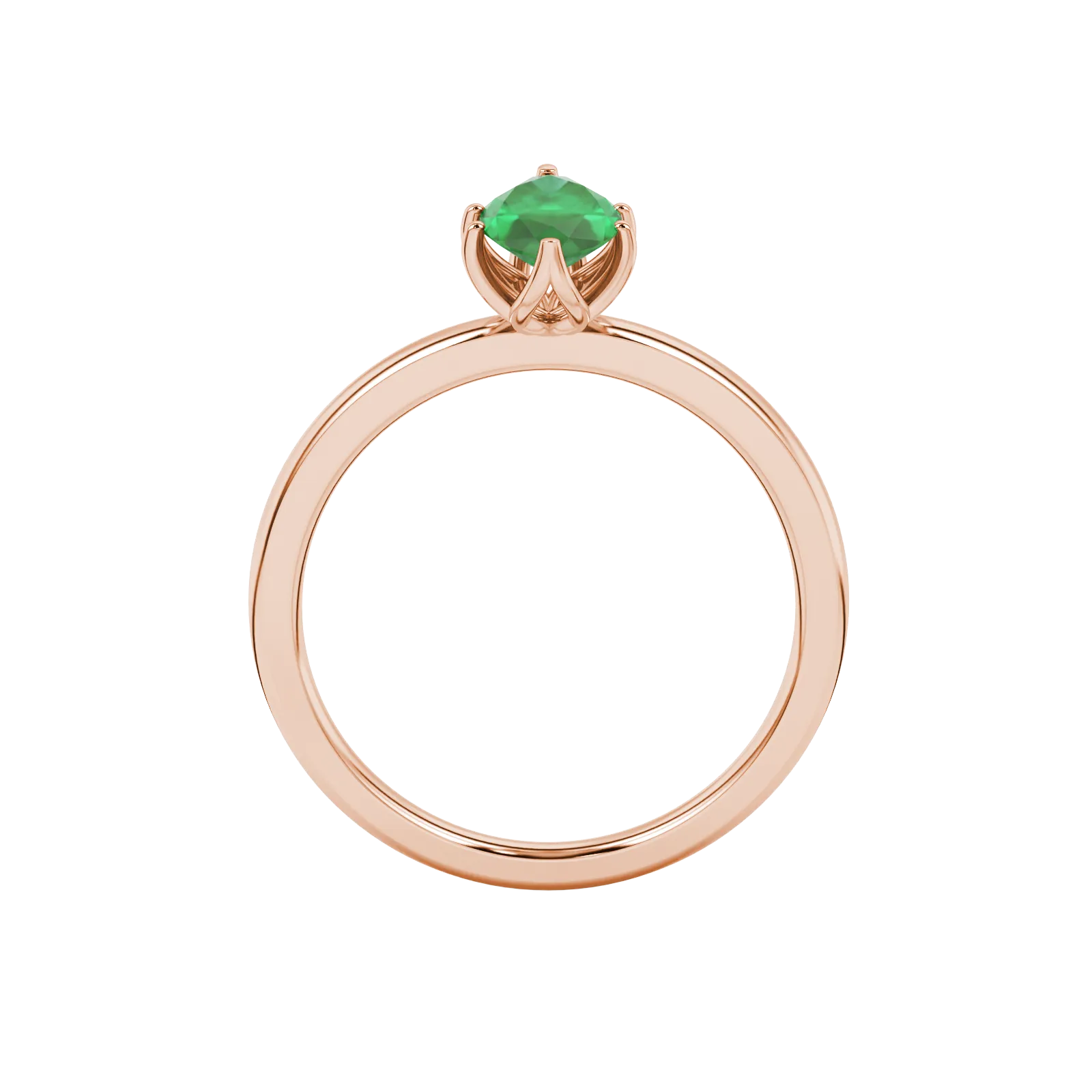 Marquise cut emerald green gemstone ring, rose gold scalloped six prong setting.