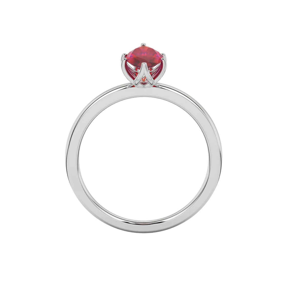 Marquise cut raspberry red gemstone ring, white gold scalloped six prong setting.