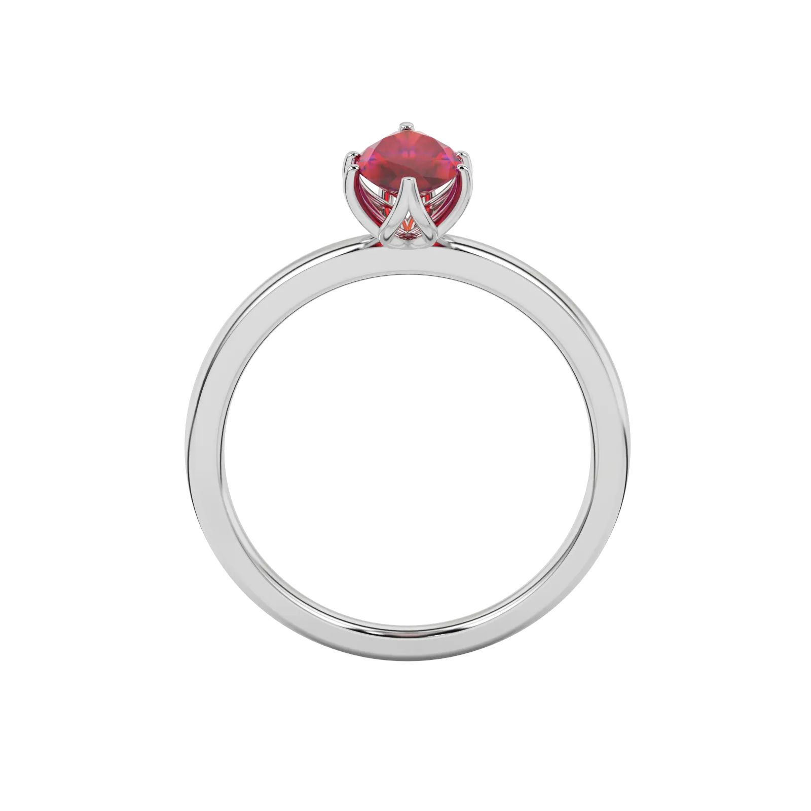 Marquise cut raspberry red gemstone ring, white gold scalloped six prong setting.