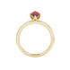 Marquise cut raspberry red gemstone ring, yellow gold scalloped six prong setting.