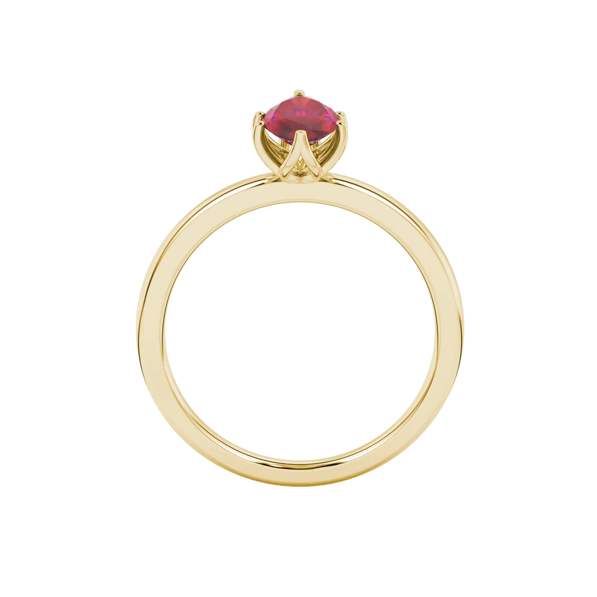 Marquise cut raspberry red gemstone ring, yellow gold scalloped six prong setting.
