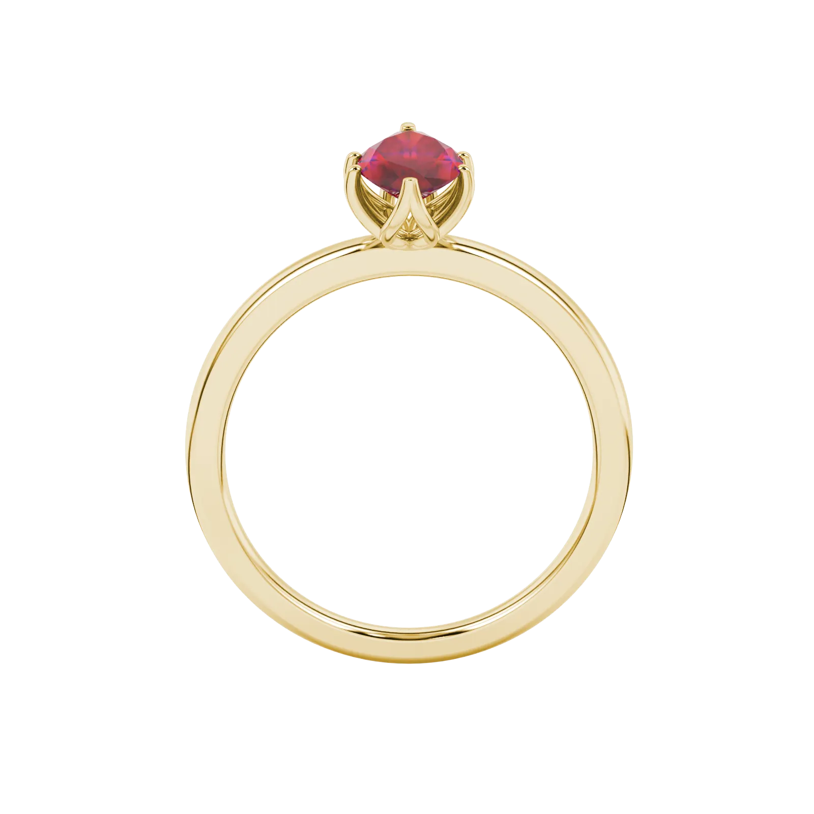 Marquise cut raspberry red gemstone ring, yellow gold scalloped six prong setting.
