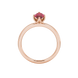 Marquise cut raspberry red gemstone ring, rose gold scalloped six prong setting.