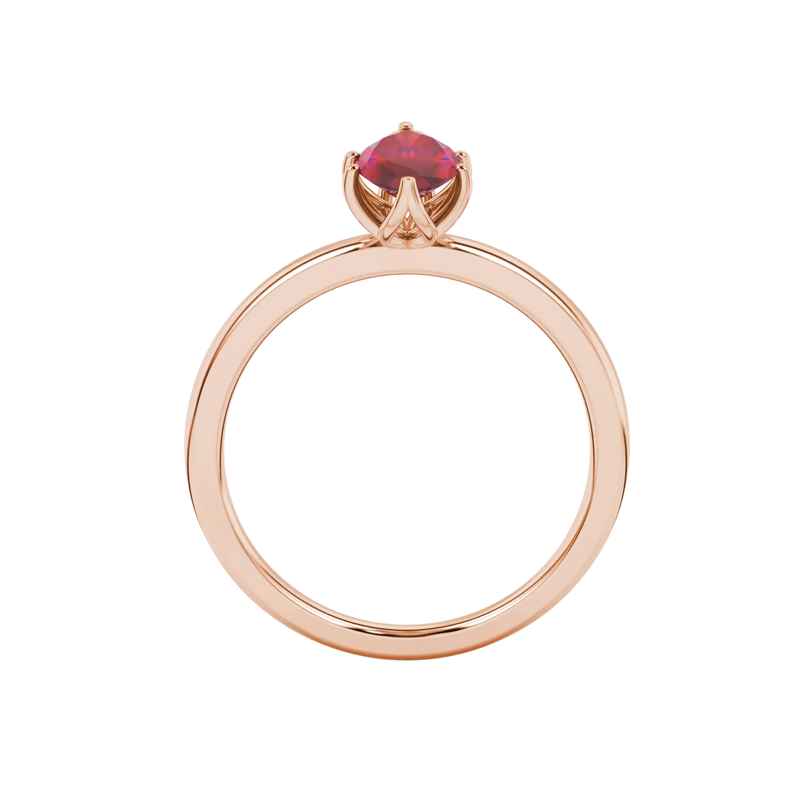 Marquise cut raspberry red gemstone ring, rose gold scalloped six prong setting.
