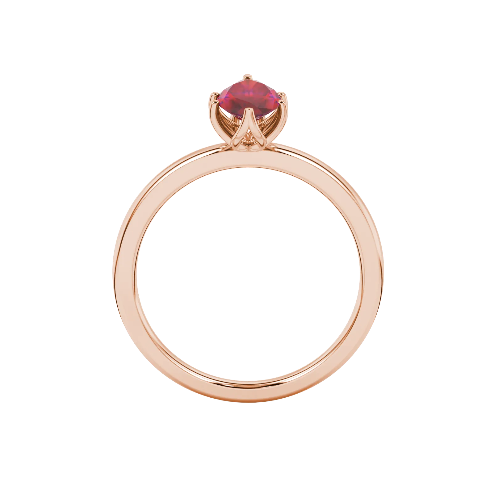 Marquise cut raspberry red gemstone ring, rose gold scalloped six prong setting.