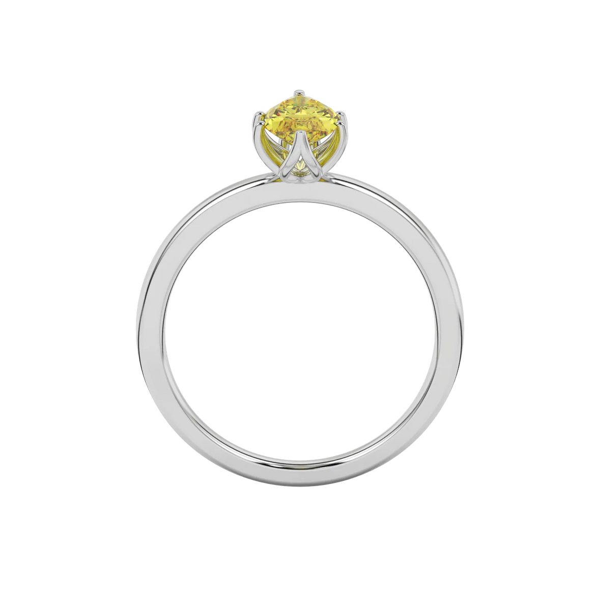 Marquise cut canary yellow gemstone ring, white gold scalloped six prong setting.