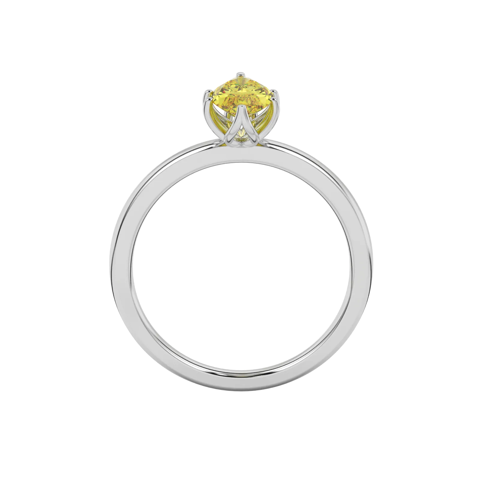 Marquise cut canary yellow gemstone ring, white gold scalloped six prong setting.