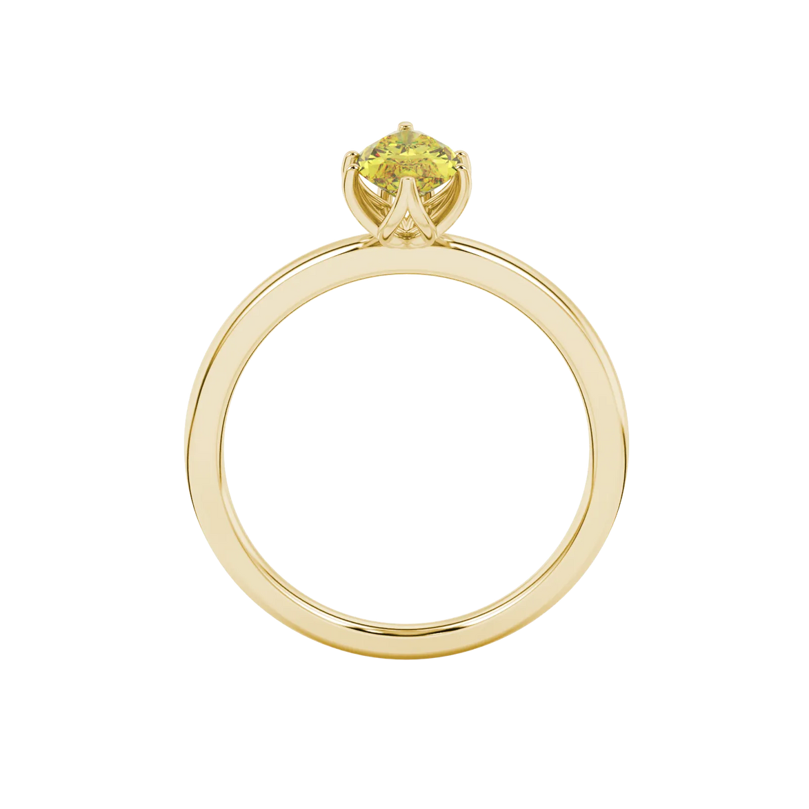 Marquise cut canary yellow gemstone ring, yellow gold scalloped six prong setting.