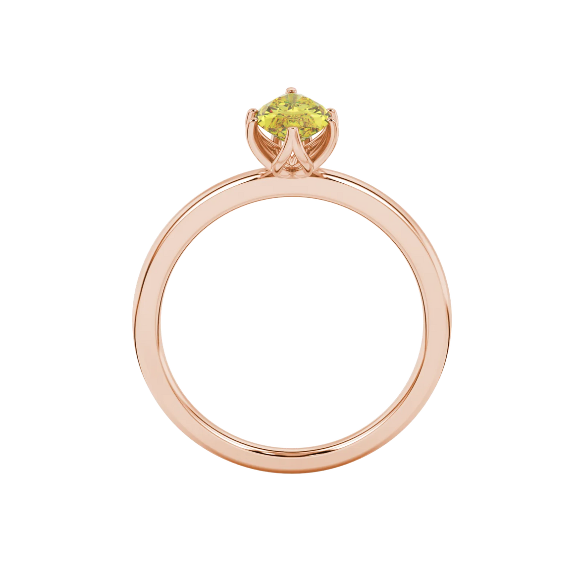 Marquise cut canary yellow gemstone ring, rose gold scalloped six prong setting.